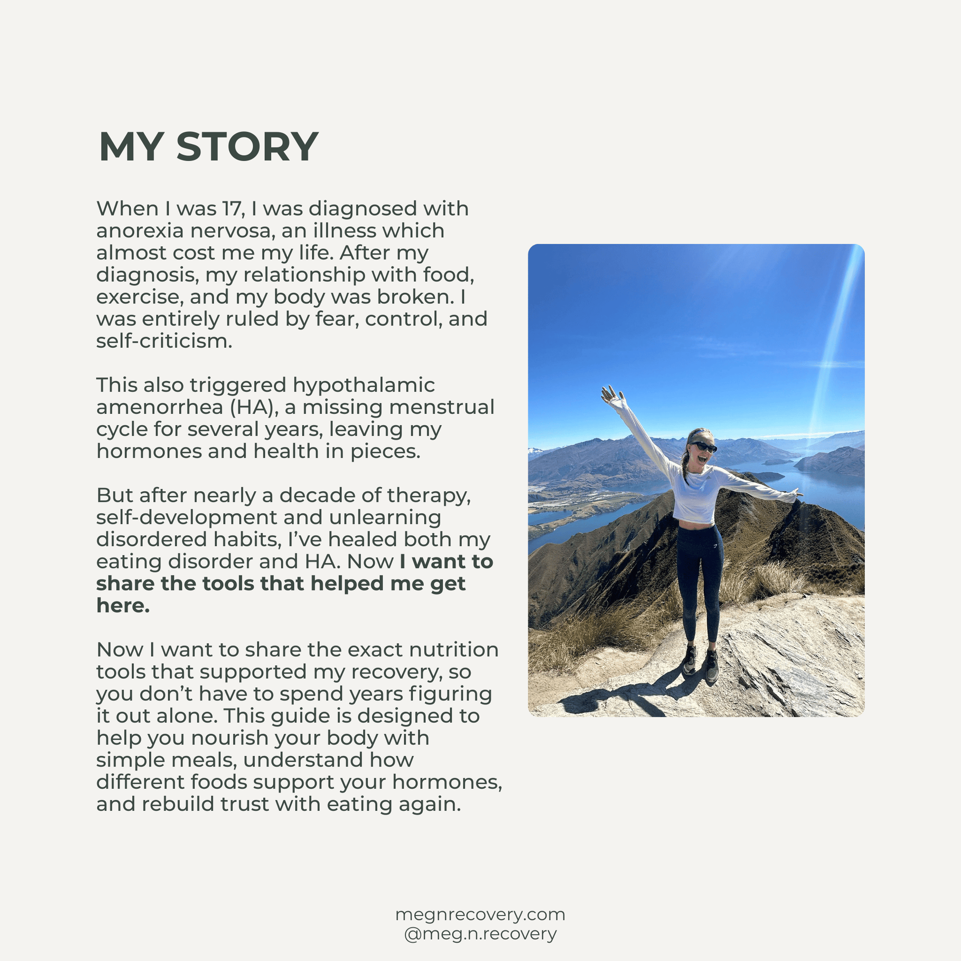 Person standing on a mountain with text about anorexia nervosa recovery.