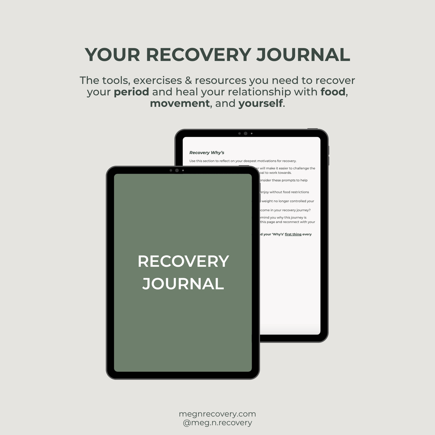 Two tablets displaying a recovery journal on a light gray background
