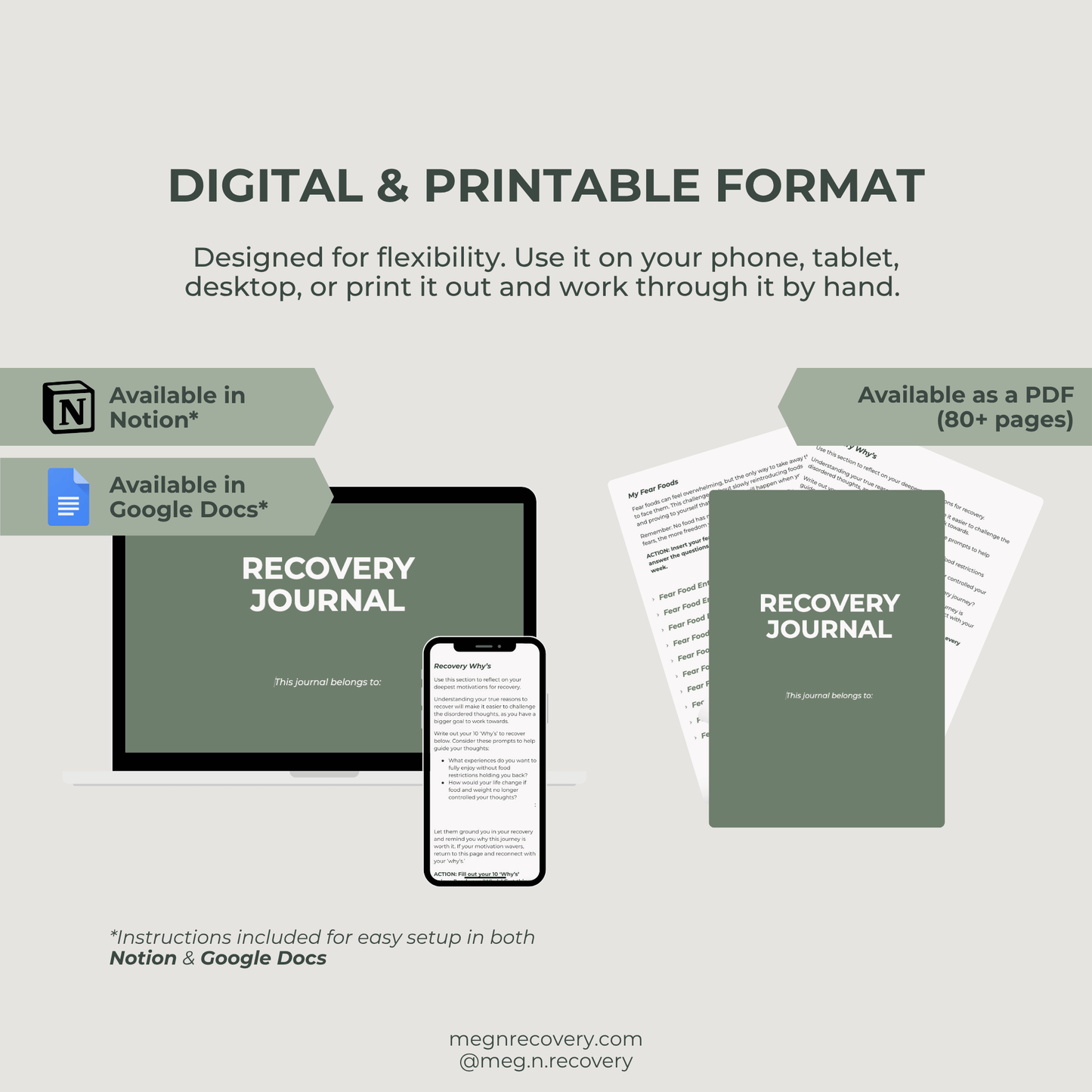 Recovery Journal in digital and printable formats on a gray background