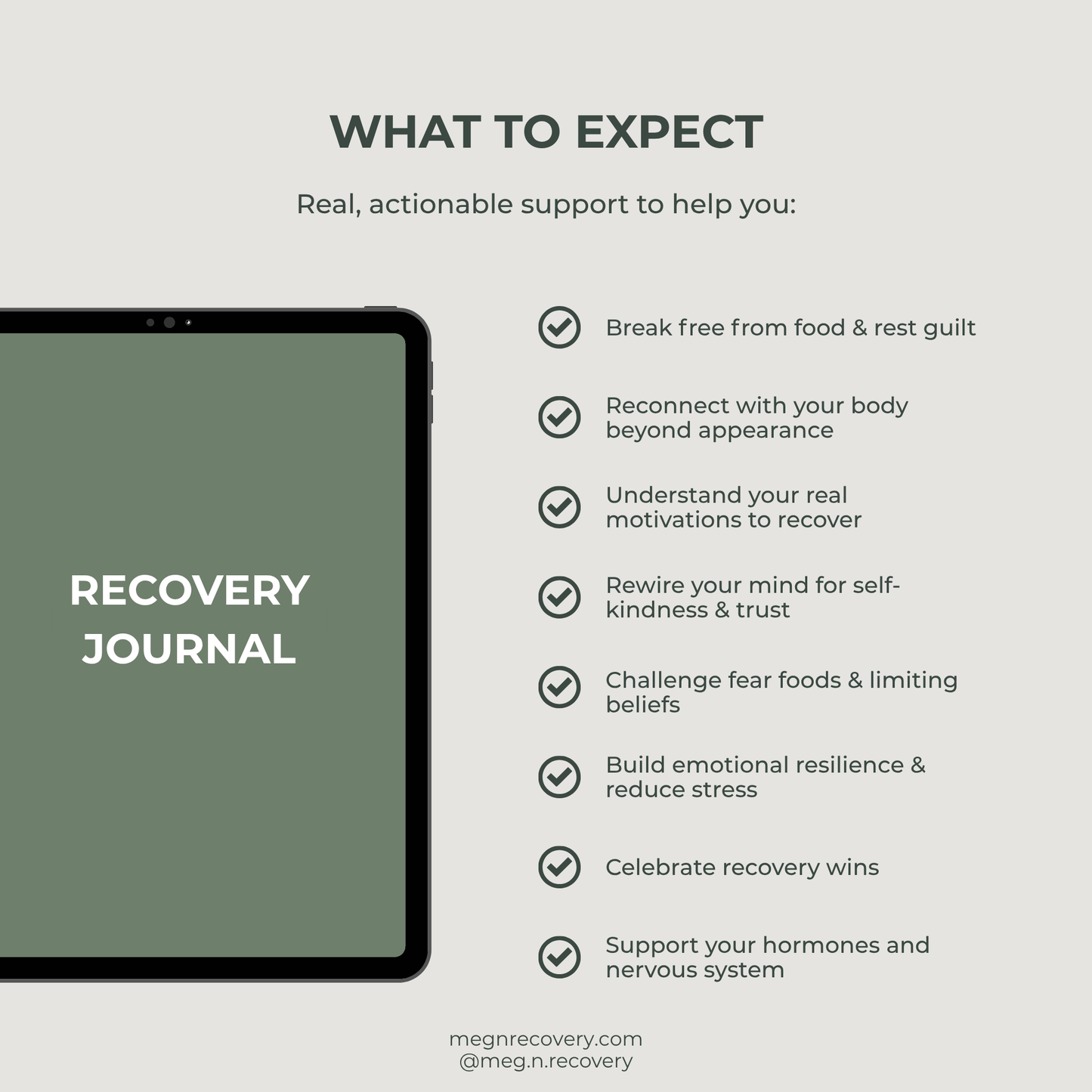 Recovery journal with benefits listed on a gray background