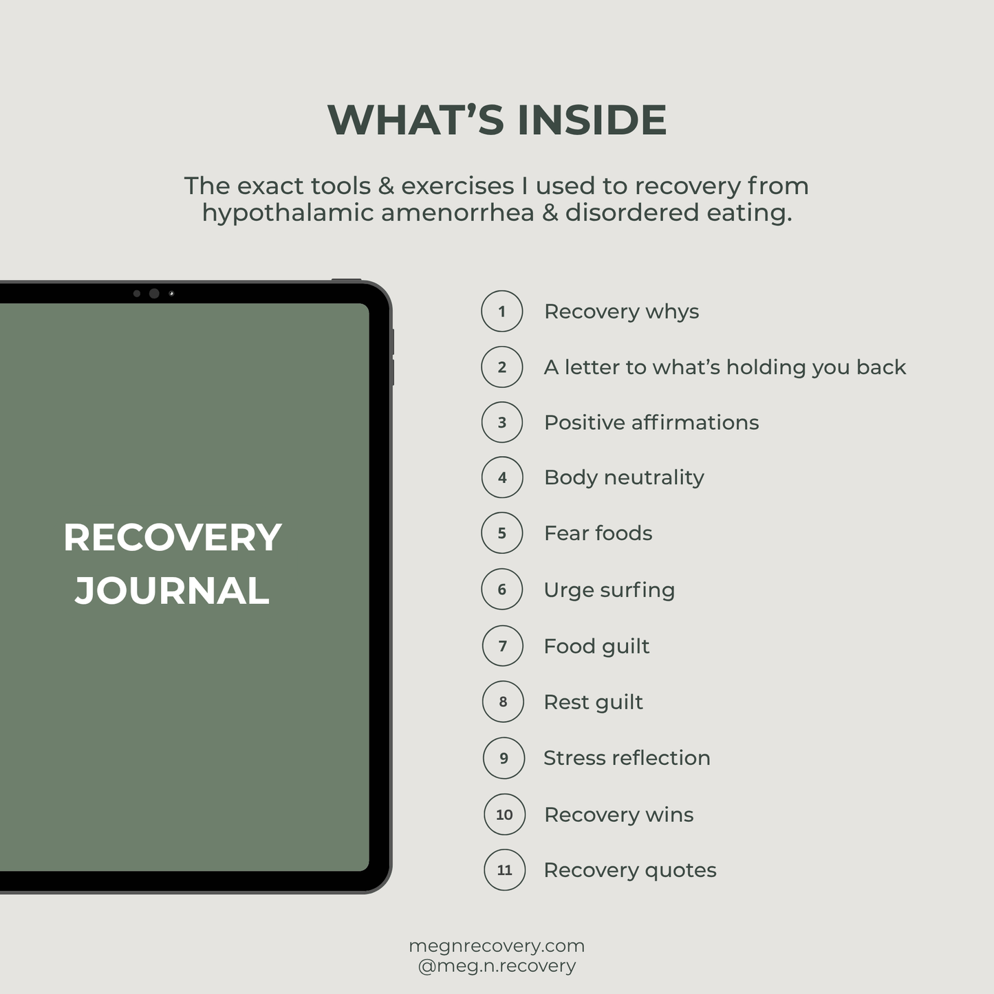 Recovery journal with topics listed on a light gray background