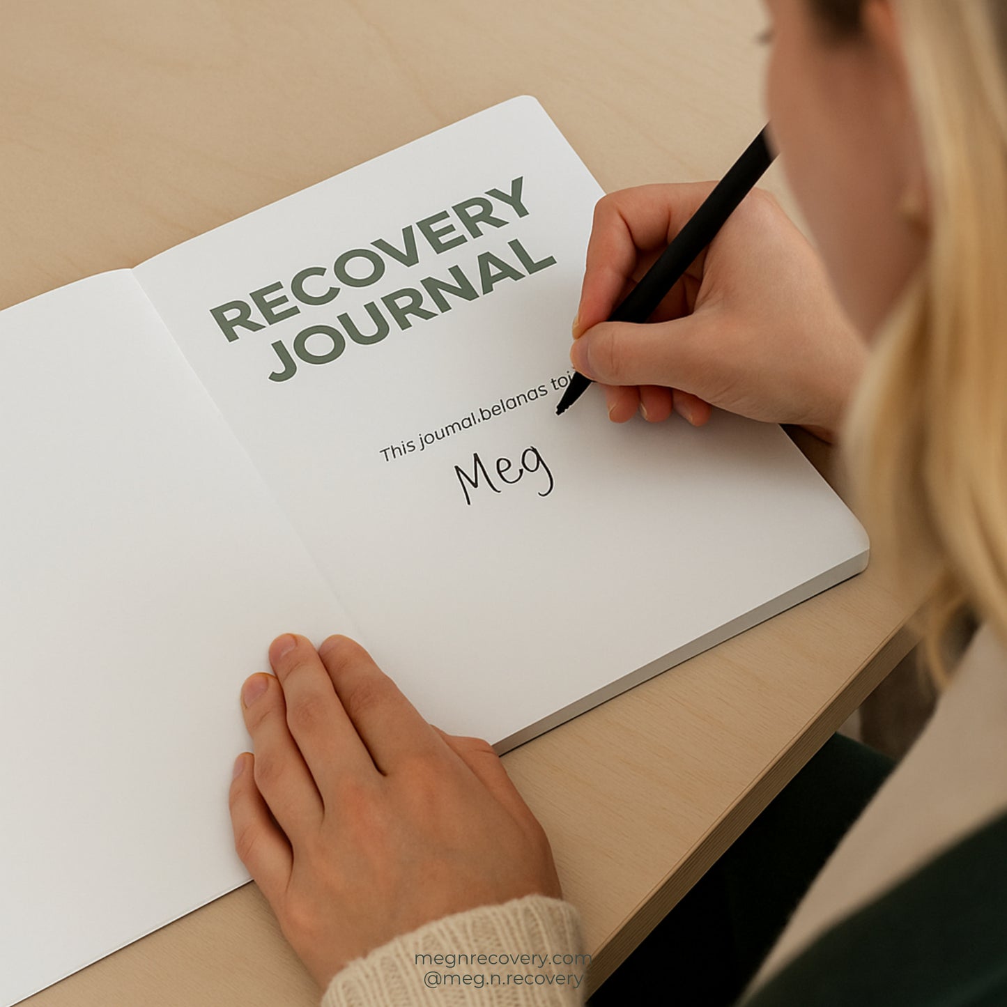 Blonde girl writing name in recovery journal notebook