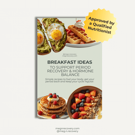 Booklet on breakfast ideas for period recovery and hormone balance with images of food on a white background.