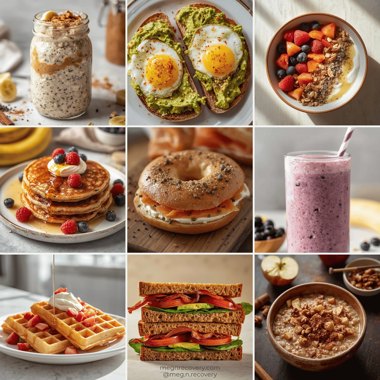 Collage of various breakfast foods including oats, eggs on toast, fruit bowl, pancakes, bagel with cream cheese, smoothie, waffles, and sandwich.