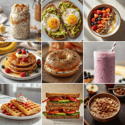 Collage of various breakfast foods including oats, eggs on toast, fruit bowl, pancakes, bagel with cream cheese, smoothie, waffles, and sandwich.