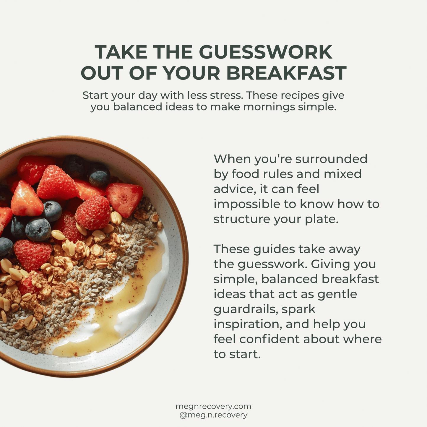 Breakfast bowl with berries and granola on a white background, featuring text about balanced breakfast ideas.