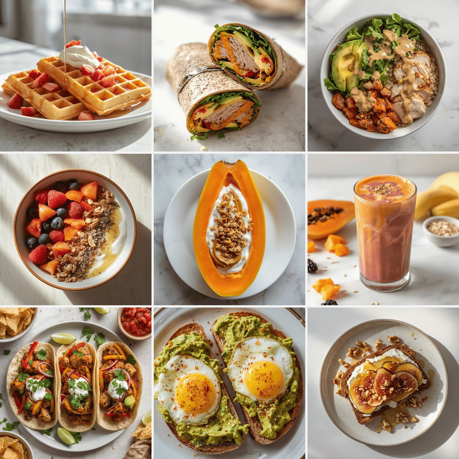 Grid of various breakfast and brunch dishes including waffles, wraps, smoothies, and eggs.