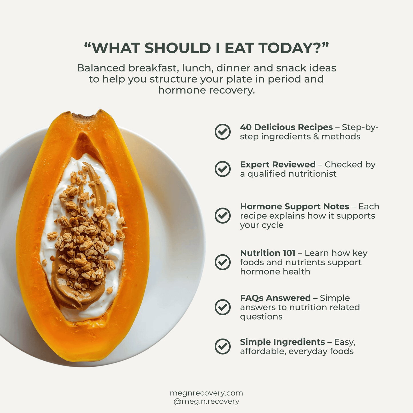 Half of a papaya filled with yogurt and granola on a white plate, with text about balanced meals and recovery.