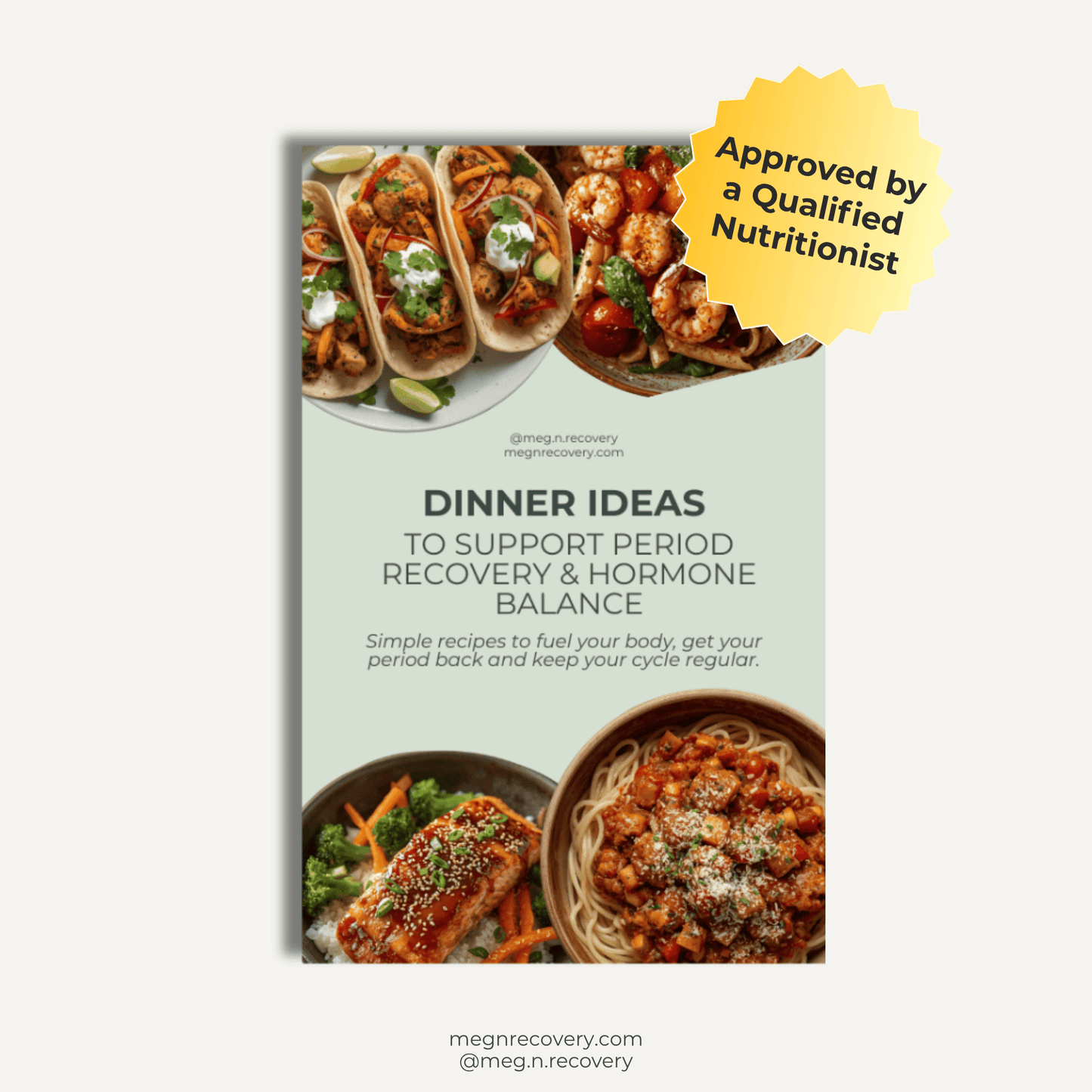 Book cover with dinner ideas for period recovery and hormone balance, featuring images of food.