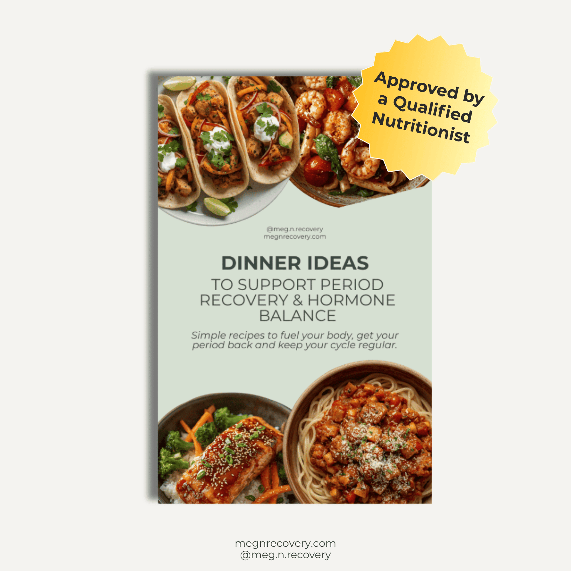 Book cover with dinner ideas for period recovery and hormone balance, featuring images of food.