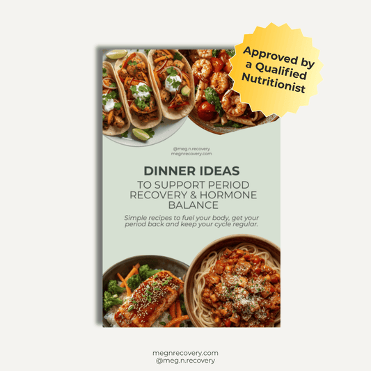 Book cover with dinner ideas for period recovery and hormone balance, featuring images of food.