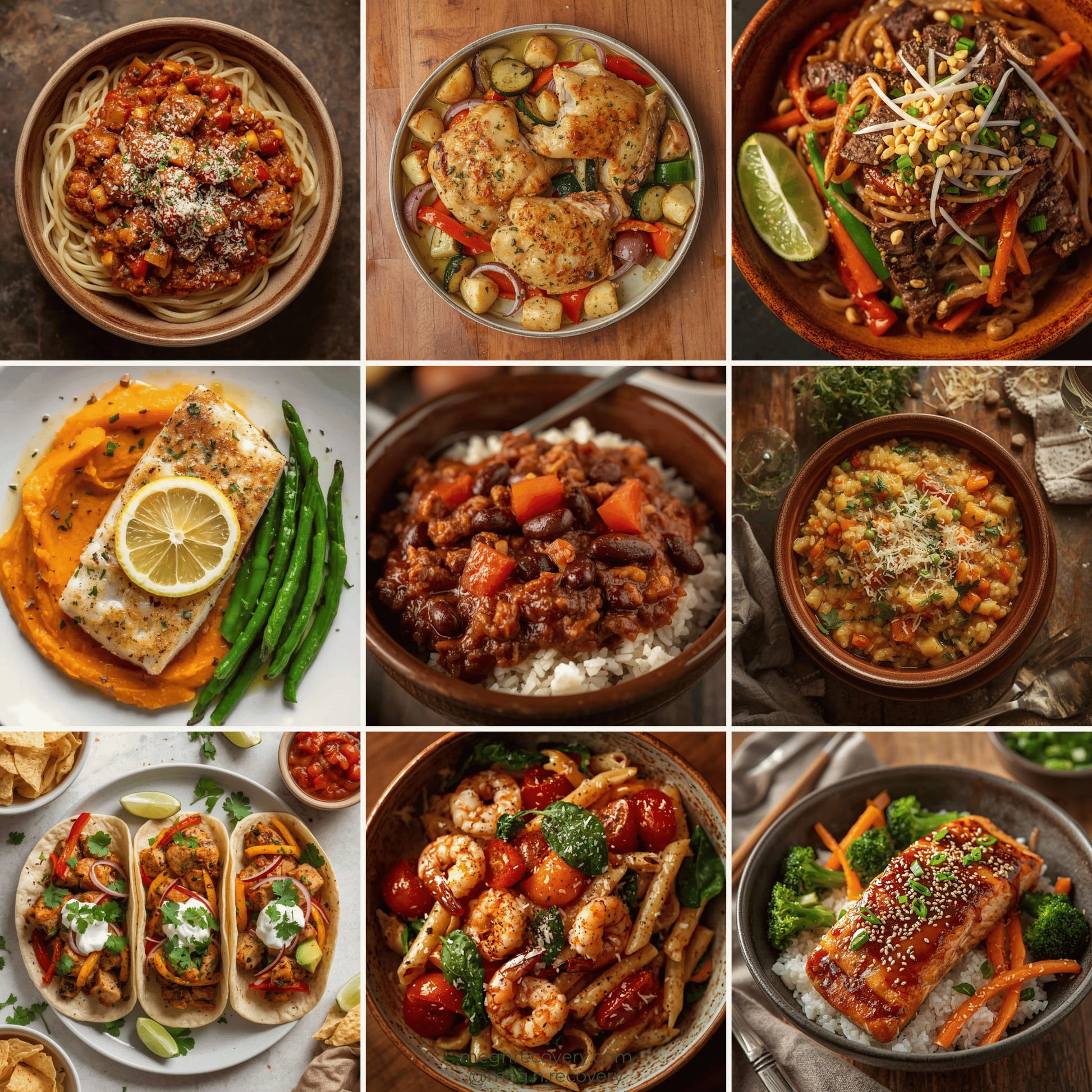 Grid of various food dishes including pasta, chicken, and vegetable stir-fry.