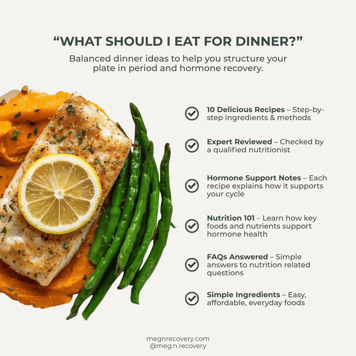 Balanced dinner idea with fish, sweet potato, and green beans, accompanied by text on balanced eating for period and hormone recovery.