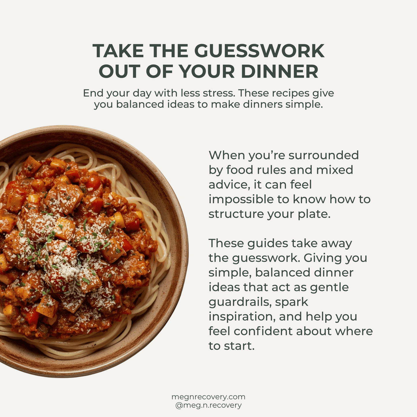 Spaghetti dish with text about meal planning and recipes on a white background