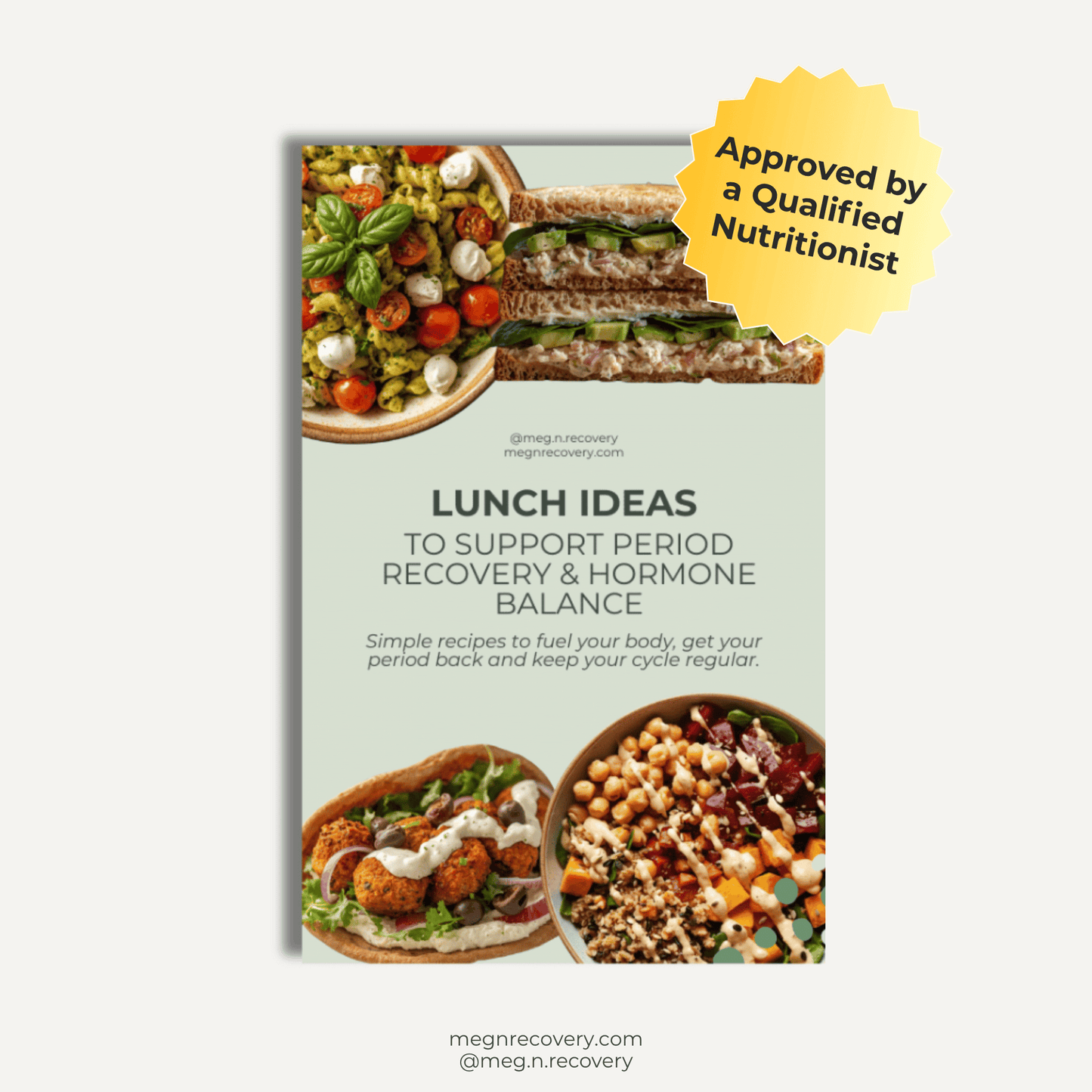 Book cover with lunch ideas for period recovery and hormone balance, featuring images of salads and sandwiches.