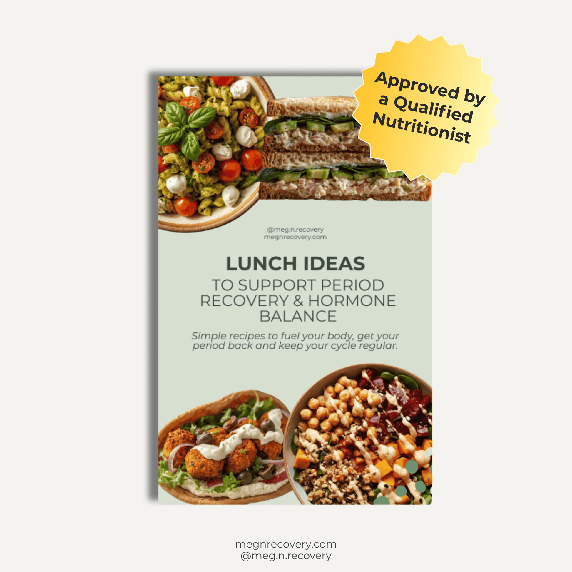 Book cover with lunch ideas for period recovery and hormone balance, featuring images of salads and sandwiches.