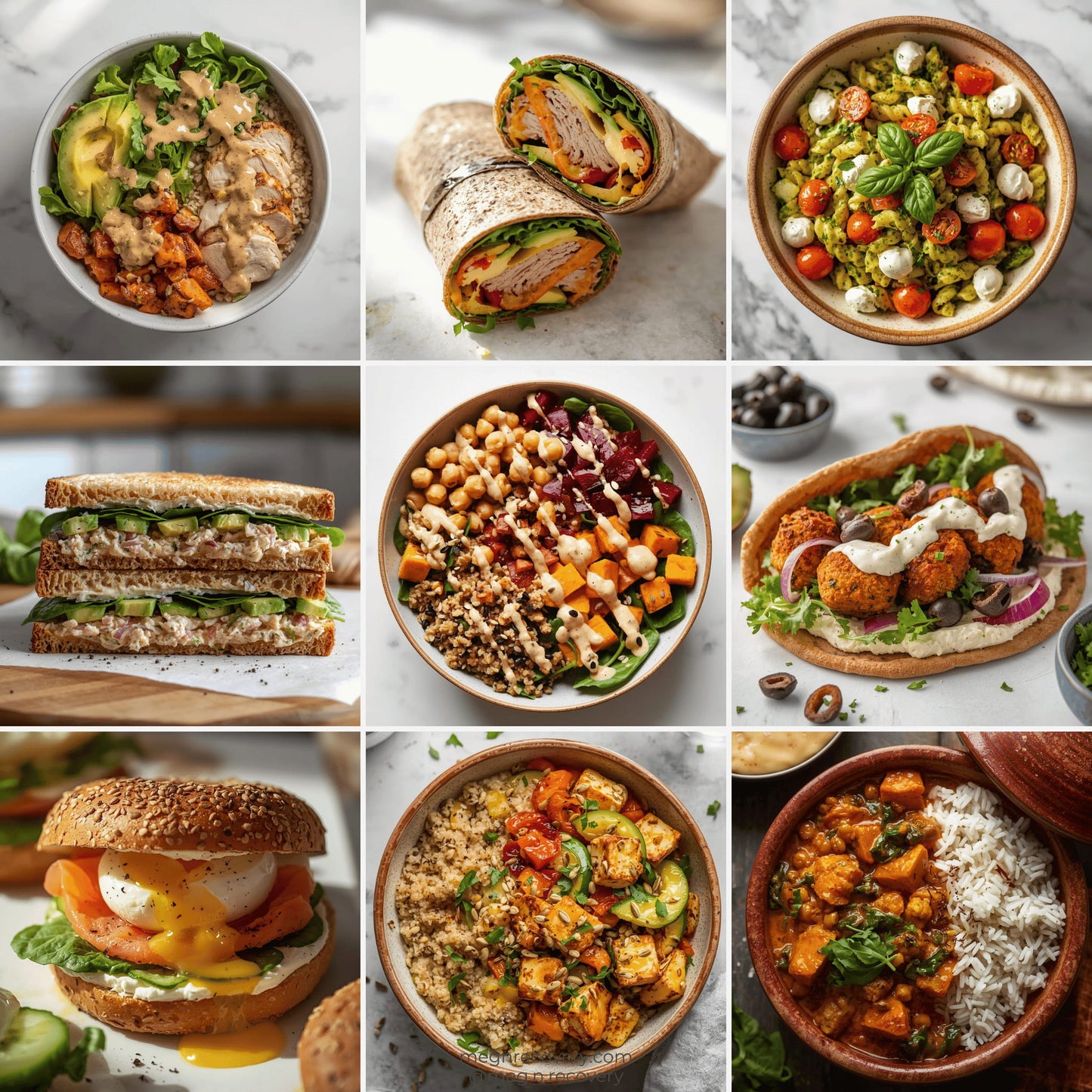 Grid of various healthy food items including salads, wraps, and sandwiches on a neutral background.