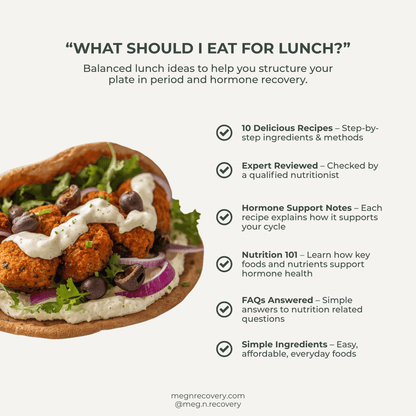 Balanced lunch idea with falafel wrap and text about balanced lunch ideas for period and hormone recovery.