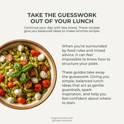 Pasta dish with tomatoes and mozzarella in a bowl, text about lunch recipes and meal planning.