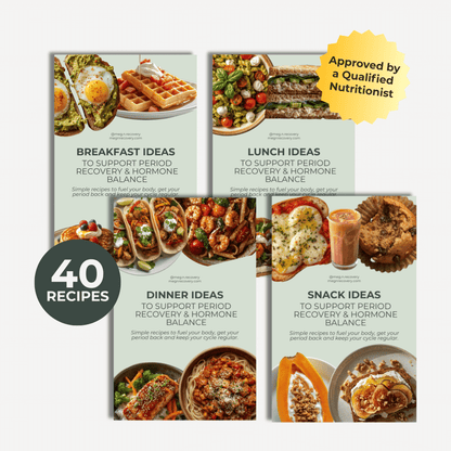 Four pages from a nutrition guide with food images and text on a white background