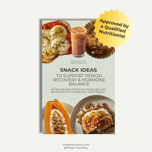 Booklet with snack ideas for period recovery and hormone balance, featuring images of food and a badge from a qualified nutritionist.
