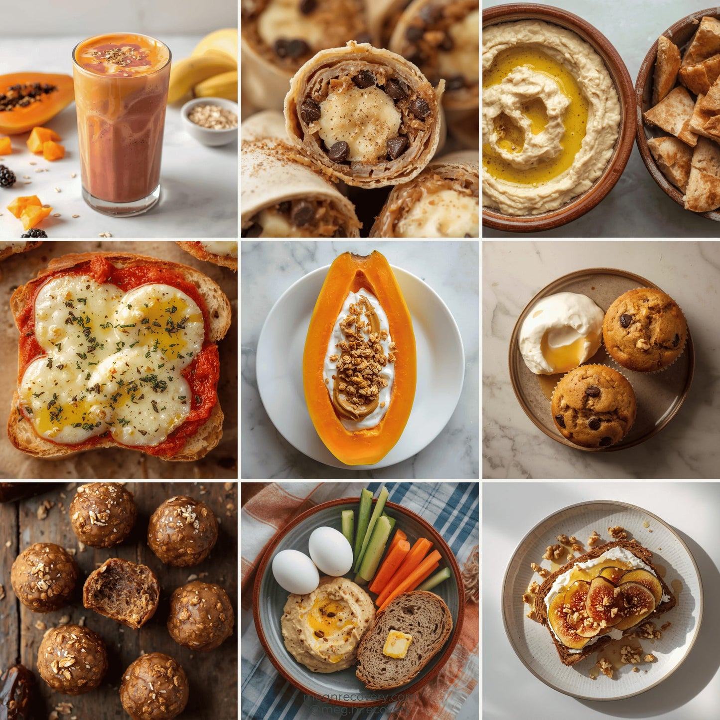 Collage of various food items including a smoothie, wraps, hummus, toast with eggs, papaya, muffins, meatballs, and a plate with bread, eggs, and vegetables.