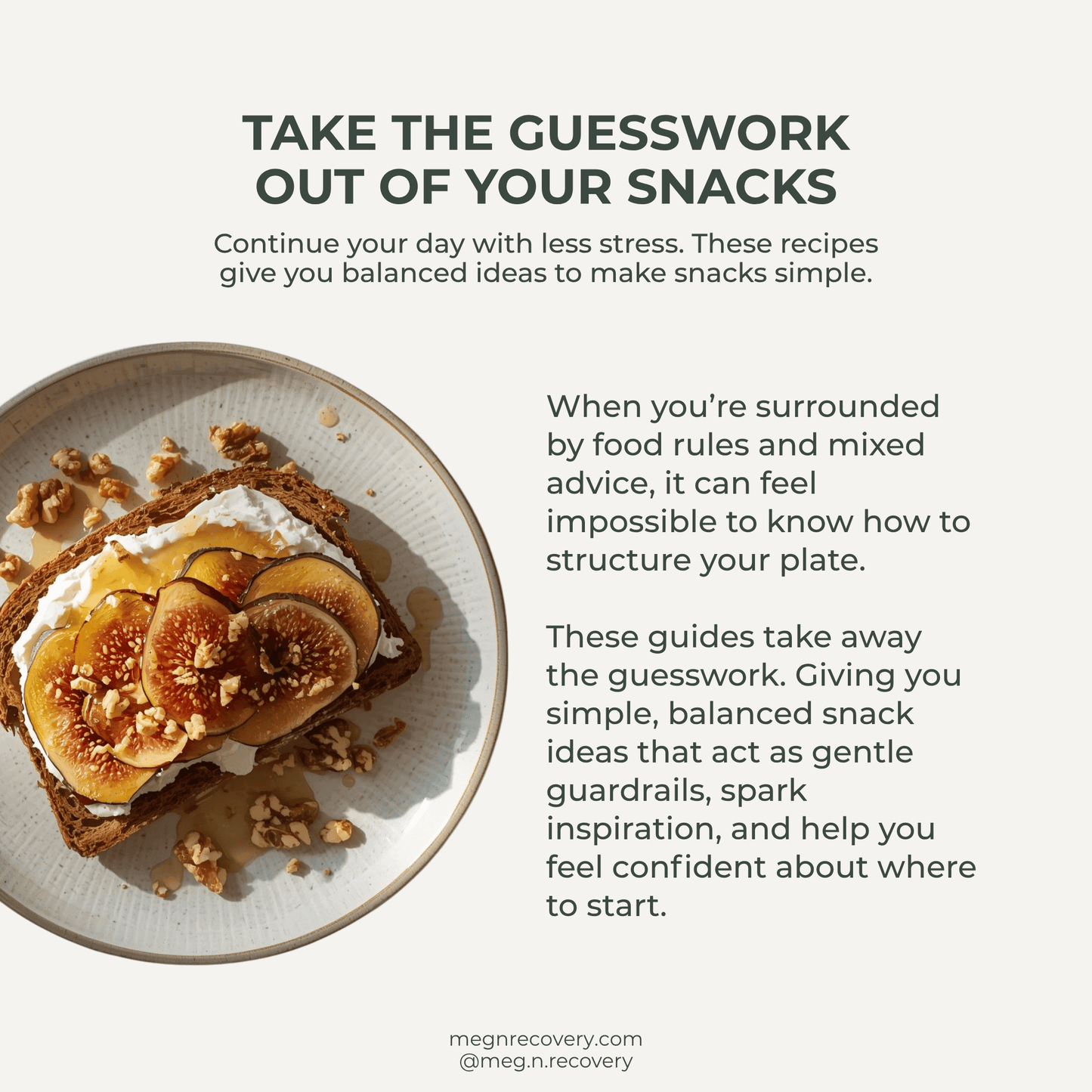Snack plate with fruit and toast on a white background, featuring text about snack recipes.
