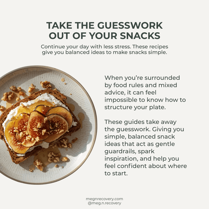 Snack plate with fruit and toast on a white background, featuring text about snack recipes.